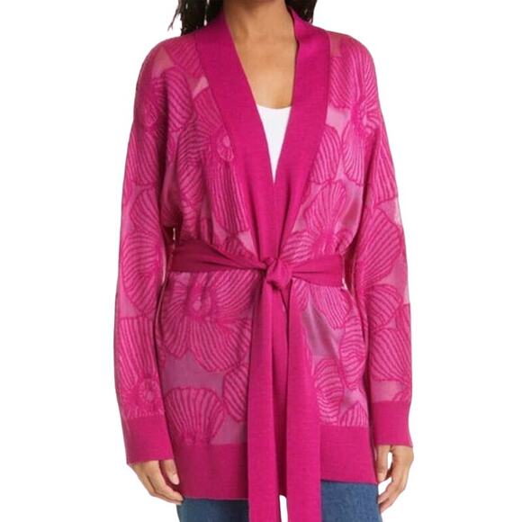 Fuzzi NWT Fuchsia Floral Jacquard Belted Cardigan Size XS Bouganvilla Pink Italy - Picture 1 of 8